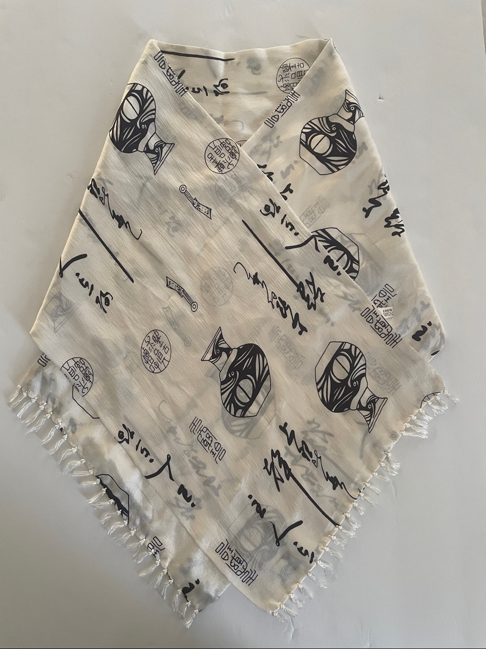 VTG: Pure SILK Scarf Ivory/Black Asian Theme & Fringe Sz 11x44”
